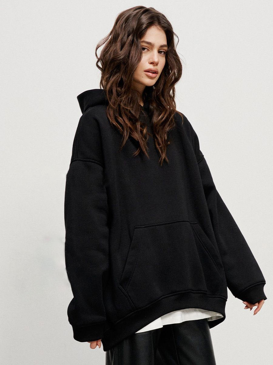 Polar Fleece Boyfriend Sweater with Hood Black