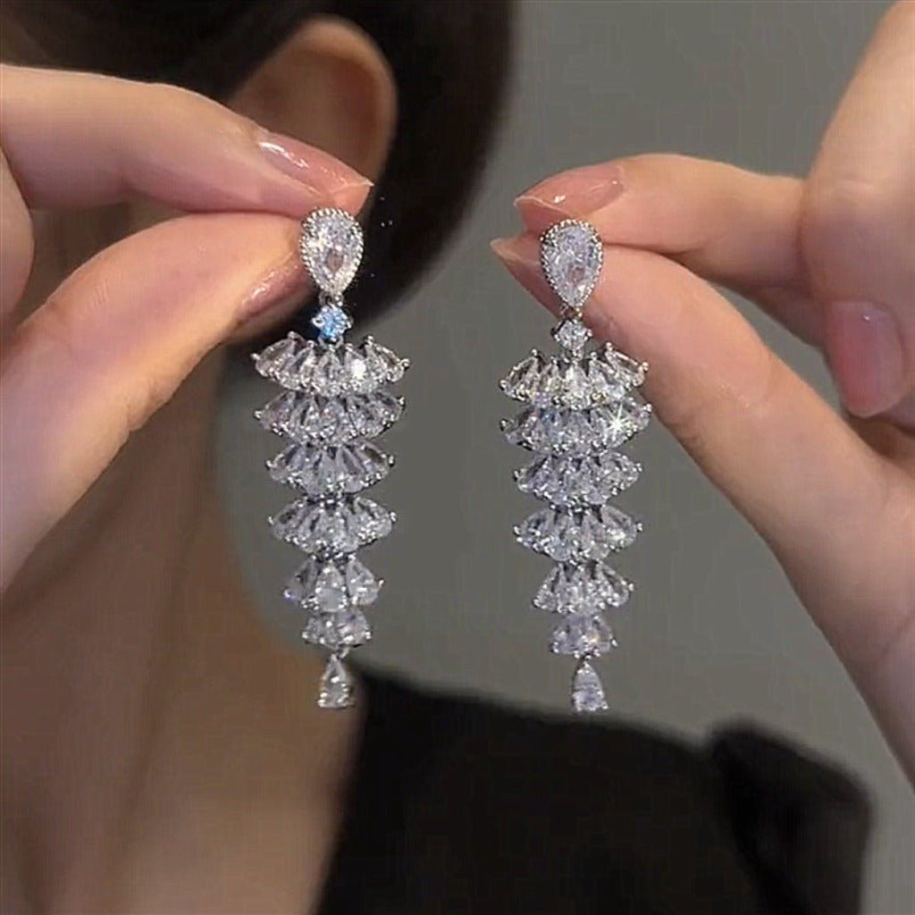 Radiant Zircon Christmas Tree Drop Earrings Xmas Tree Dangle Earrings Silver Pagoda