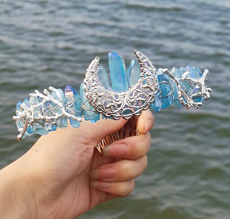 Rainbow Crystal Crown Hair Band: Natural Elegance and Beauty Blue