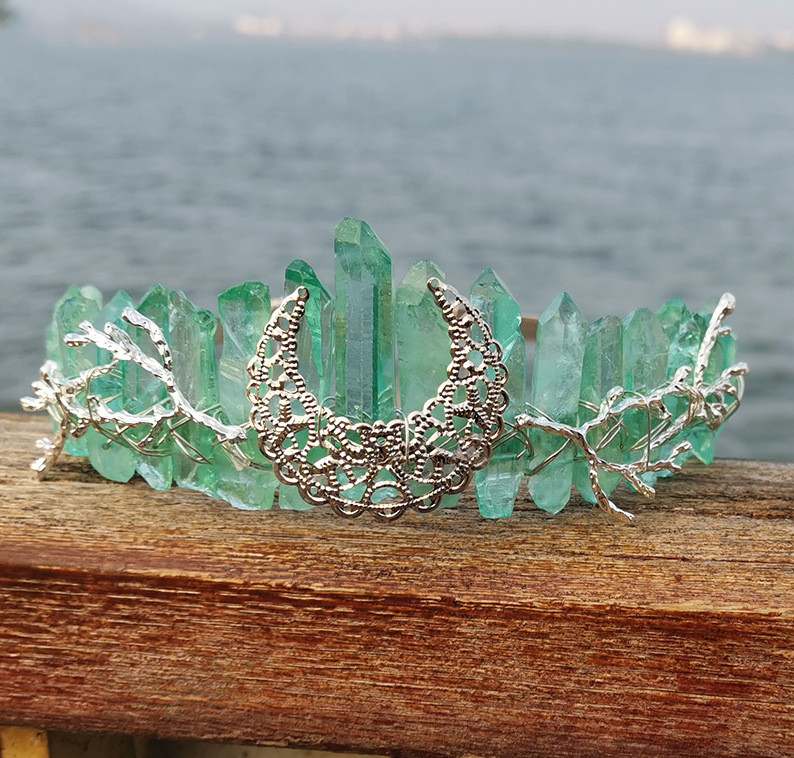 Rainbow Crystal Crown Hair Band: Natural Elegance and Beauty Green