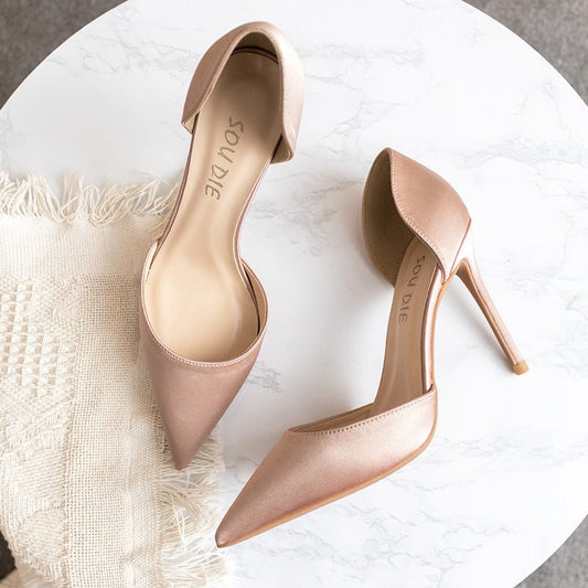 Real silk satin hollow pointed stiletto heels Green