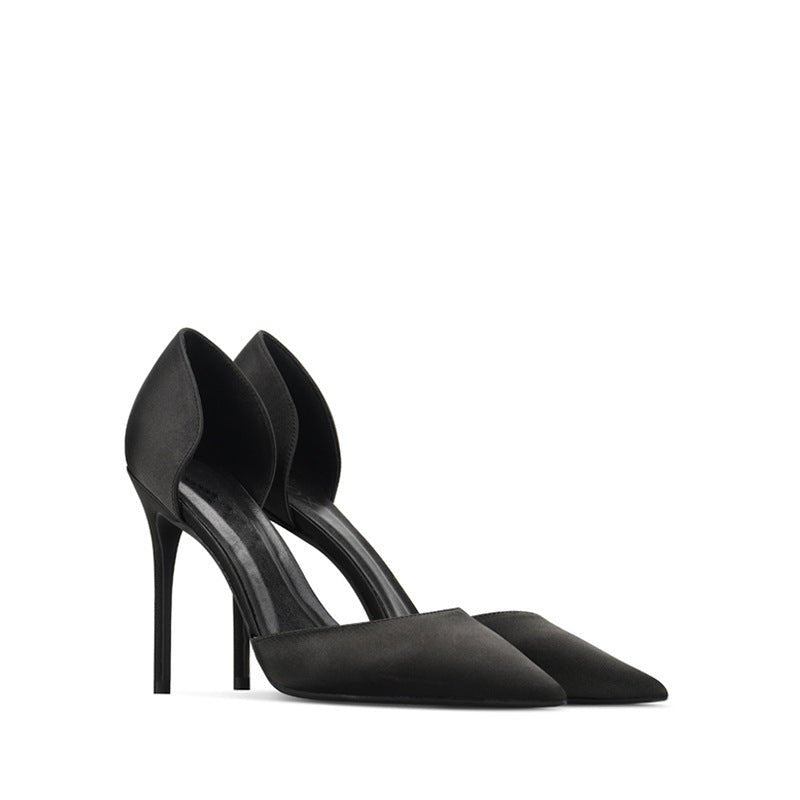 Real silk satin hollow pointed stiletto heels Black