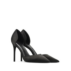 Real silk satin hollow pointed stiletto heels Black