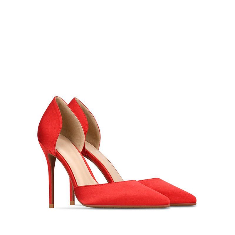 Real silk satin hollow pointed stiletto heels Red