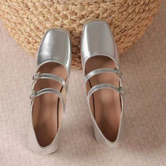 Real Soft Stylish Leather Rubber Comfortable Leather Mary Jane Shoes Silver