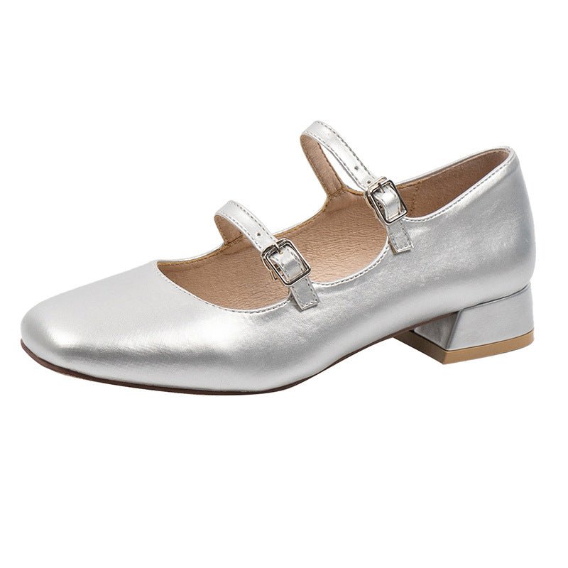 Real Soft Stylish Leather Rubber Comfortable Leather Mary Jane Shoes Silver