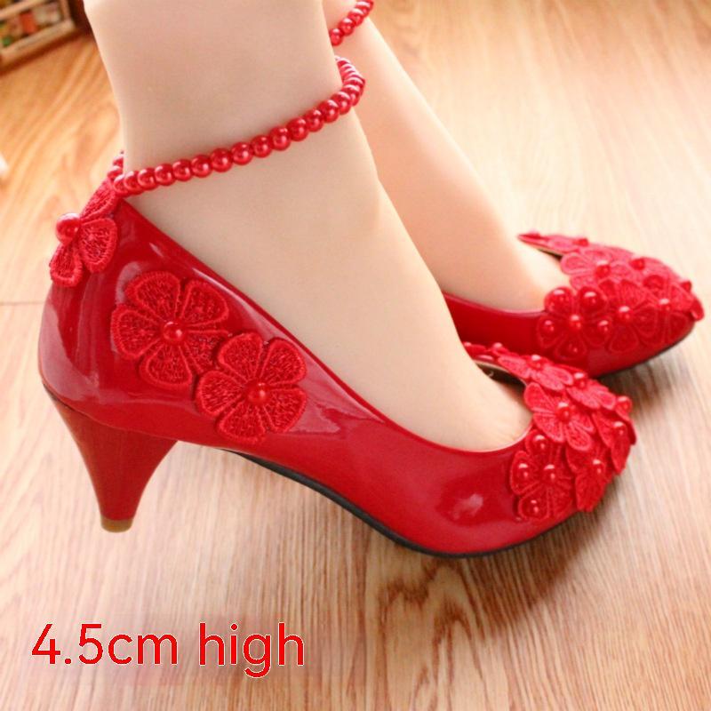 Red Bridal Shoes Pearl Anklet Large Size Women's Shoes 4.5cm heel