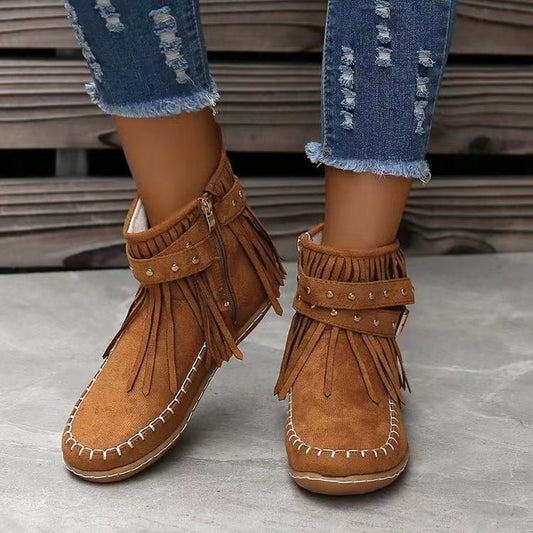 Retro Ankle Boots With Rivet Tassel Flat Shoes Women Winter Boots Black