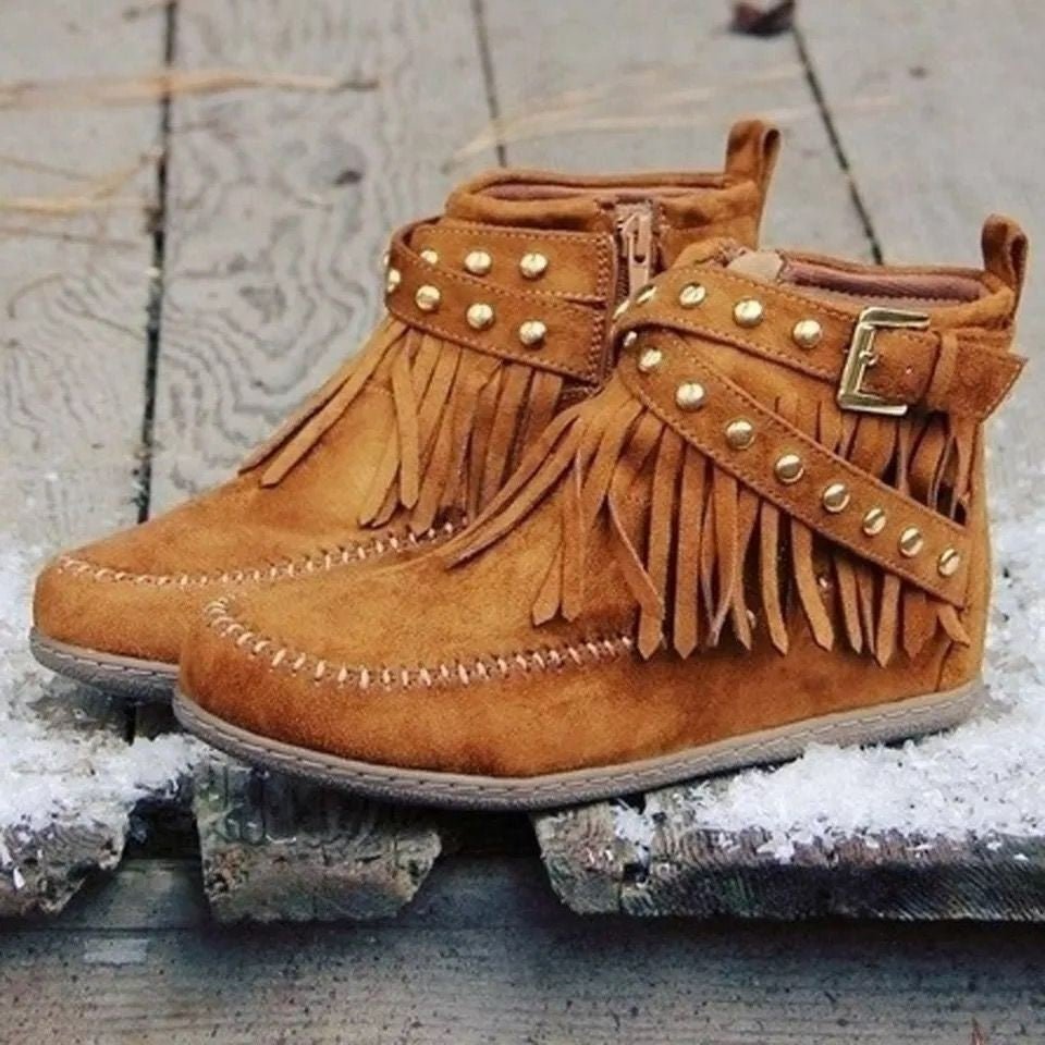Retro Ankle Boots With Rivet Tassel Flat Shoes Women Winter Boots Dark Brown