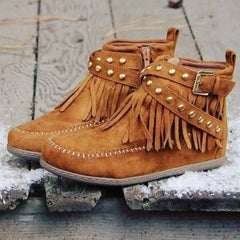 Retro Ankle Boots With Rivet Tassel Flat Shoes Women Winter Boots Dark Brown