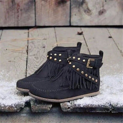 Retro Ankle Boots With Rivet Tassel Flat Shoes Women Winter Boots Black