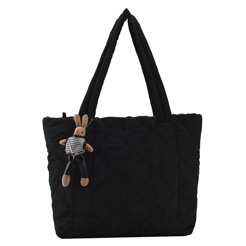 Retro Casual Shoulder Bag with Large Capacity for Women Black Rabbit Pendant