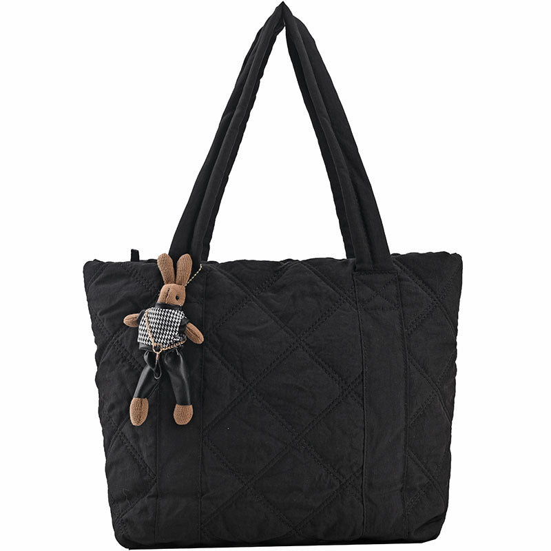 Retro Casual Shoulder Bag with Large Capacity for Women Black Rabbit Pendant