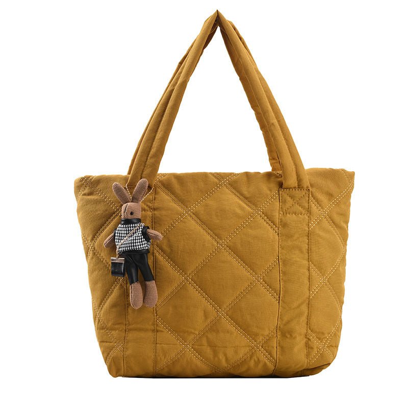 Retro Casual Shoulder Bag with Large Capacity for Women Yellow Rabbit Pendant