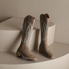 Retro Chunky Heel Embroidery Western Cowboy Boot Women Yellow
