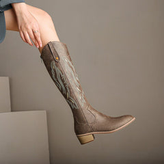 Retro Chunky Heel Embroidery Western Cowboy Boot Women Brown