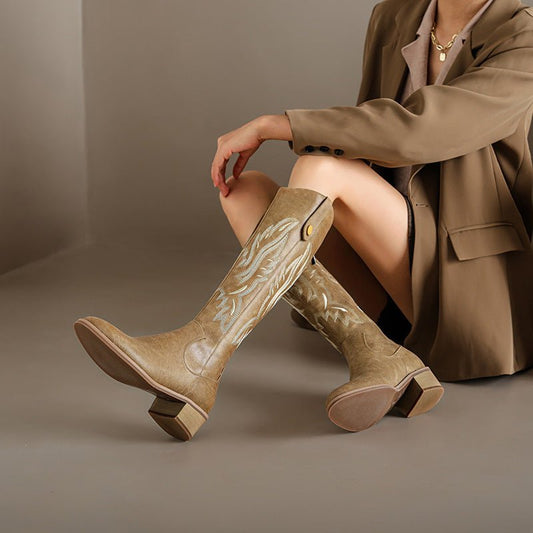 Retro Chunky Heel Embroidery Western Cowboy Boot Women Yellow