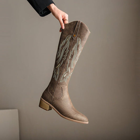 Retro Chunky Heel Embroidery Western Cowboy Boot Women Yellow