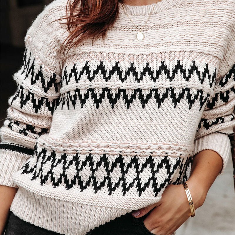 Retro Diamond Patterns Knitwear Round Neck Sweater Apricot