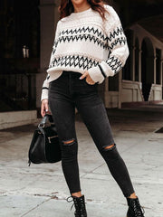 Retro Diamond Patterns Knitwear Round Neck Sweater Apricot