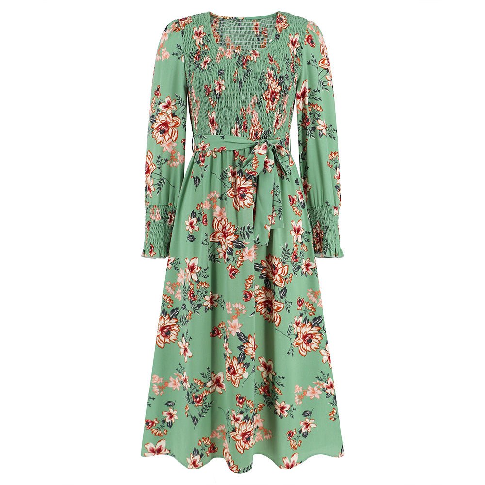 Retro Long - Sleeve Round - Collar Dress for Women Green