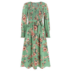 Retro Long - Sleeve Round - Collar Dress for Women Green