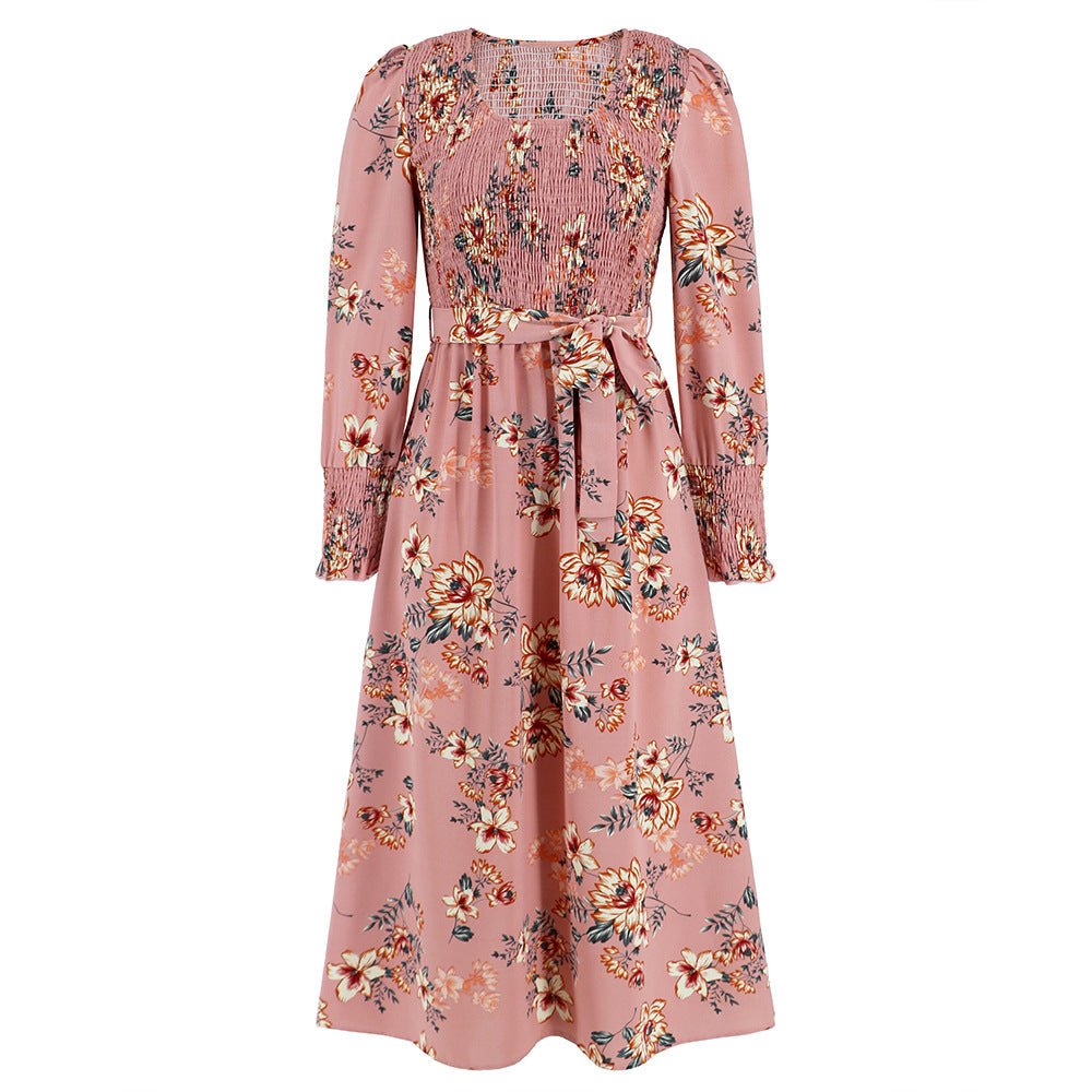 Retro Long - Sleeve Round - Collar Dress for Women Pink