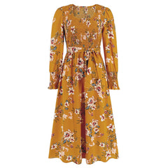 Retro Long - Sleeve Round - Collar Dress for Women Yellow