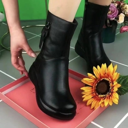 Retro Middle Boots Slimming Casual British Style Flat Boots Black Boots