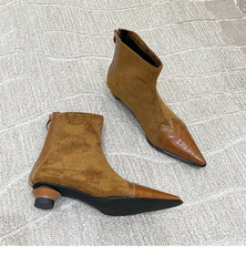 Retro Patchwork Pointed Boots Back Zipper Kitten Heel Black