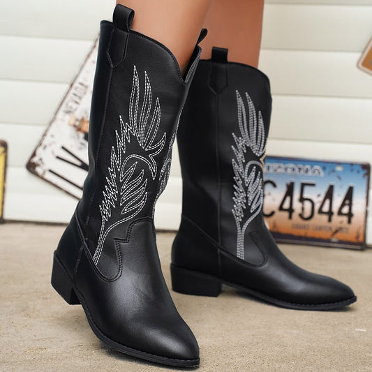 Retro Pointed Toe Thick Heel Middle Knight Women's Boots Black