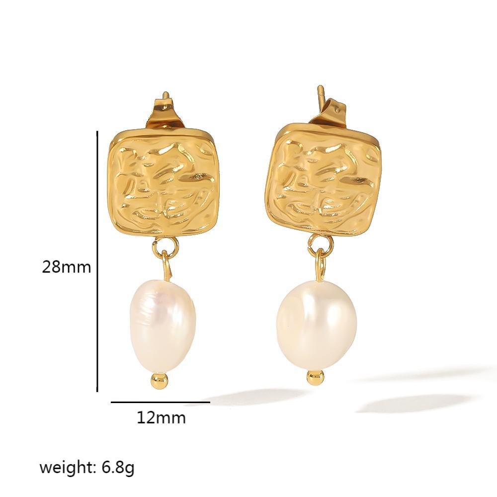 Retro Square Freshwater Pearl Earrings - Titanium Steel 18K Gold Accent TE6329G