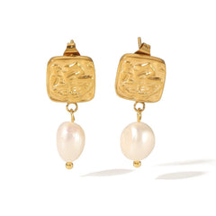 Retro Square Freshwater Pearl Earrings - Titanium Steel 18K Gold Accent TE63292