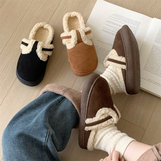 Retro Style Fleece - lined Slippers Comfortable Soft - sole Cotton Shoes Black