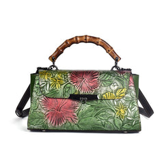 Retro Style Shoulder Bag in Top Layer Cowhide Green