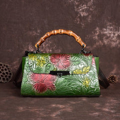 Retro Style Shoulder Bag in Top Layer Cowhide Green