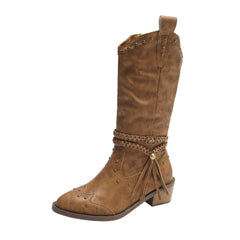 Retro Tassel With Braided Rope Strap Buckle Mid - calf Knight Boots Brown