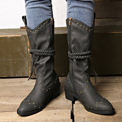 Retro Tassel With Braided Rope Strap Buckle Mid - calf Knight Boots Black