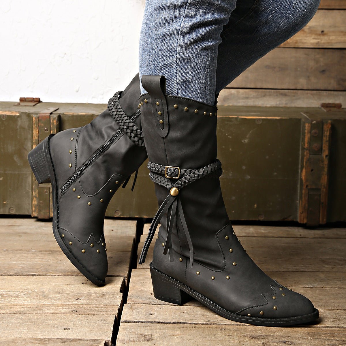 Retro Tassel With Braided Rope Strap Buckle Mid - calf Knight Boots Black