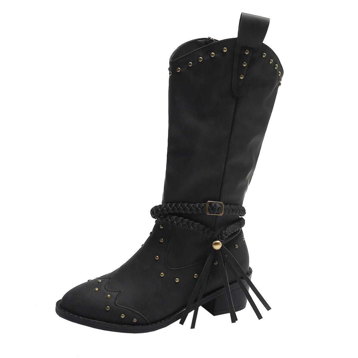 Retro Tassel With Braided Rope Strap Buckle Mid - calf Knight Boots Black