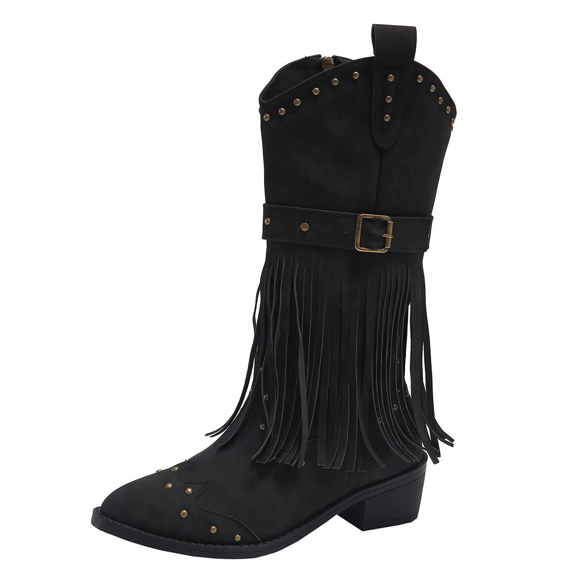 Retro Tassel With Rivet Strap Buckle Design Western trendy Boots Black