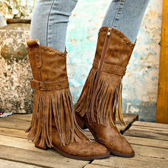 Retro Tassel With Rivet Strap Buckle Design Western trendy Boots Black