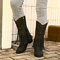 Retro Tassel With Rivet Strap Buckle Design Western trendy Boots Light Brown