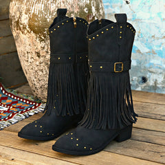 Retro Tassel With Rivet Strap Buckle Design Western trendy Boots Black