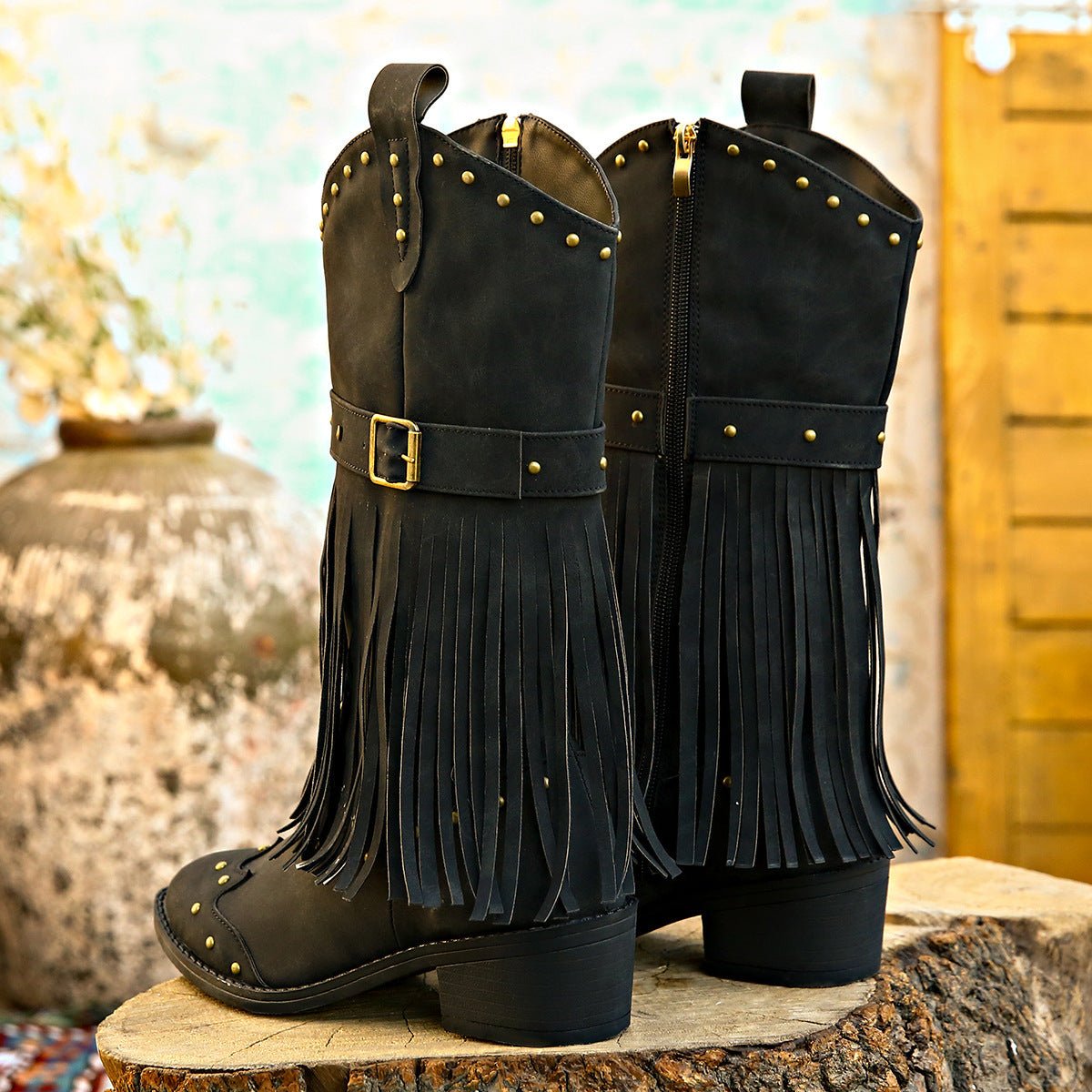 Retro Tassel With Rivet Strap Buckle Design Western trendy Boots Black