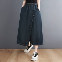 Retro Vintage Button Denim Skirt High waist, A - line Silhouette Flatter Navy Blue