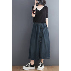 Retro Vintage Button Denim Skirt High waist, A - line Silhouette Flatter Navy Blue