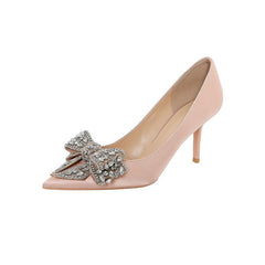 Rhinestone High Heel Shoes Women's Stiletto French Style Champagne Heel Height 6cm