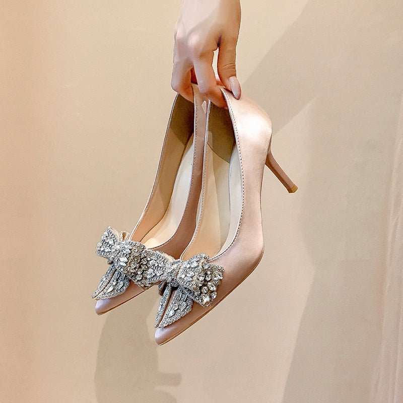 Rhinestone High Heel Shoes Women's Stiletto French Style Champagne Heel Height 6cm