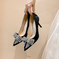 Rhinestone High Heel Shoes Women's Stiletto French Style Black Heel Height 6cm